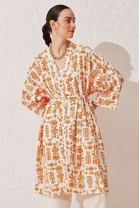 Hooopstore Oranj Etnik Desenli Keten Kimono