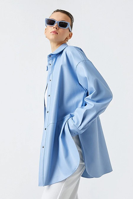 Koton Açık Mavi Uzun Kollu Oversize Gömlek
