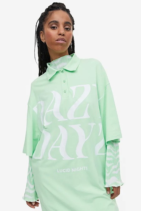 H&M Açık Yeşil Oversize Polo Tişört Elbise Tunik