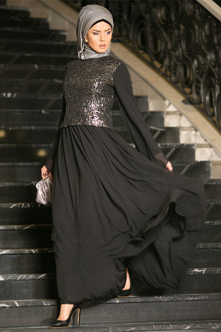 Dersaadet Siyah Şifon Abiye Elbise