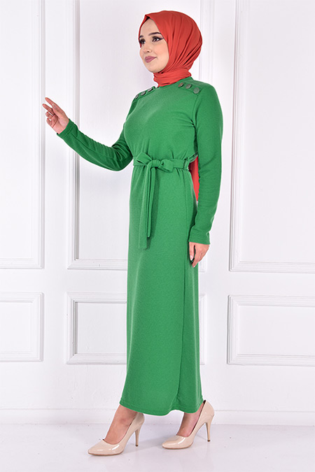 Modamerve Yeşil Kuşaklı Elbise