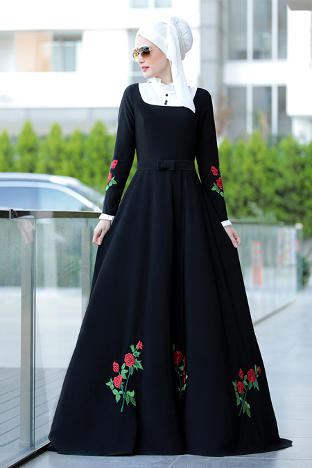 Selma Sarı Design Siyah Gül Elbise