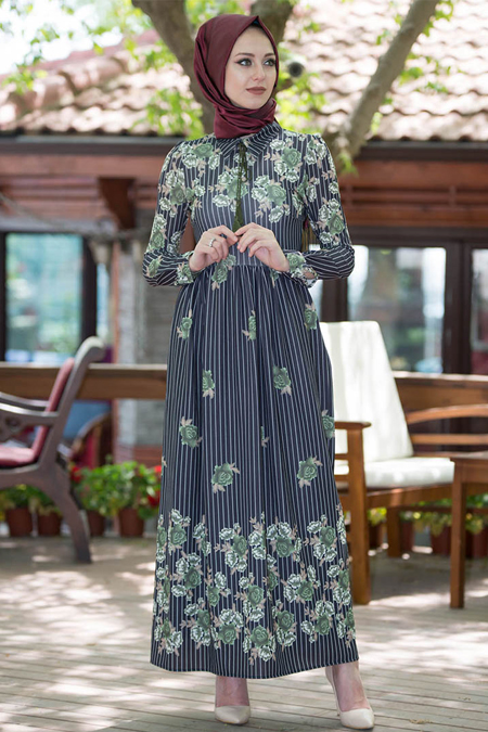 Vitrinsbutik Lacivert Yeşil Çiçek Desenli Elbise