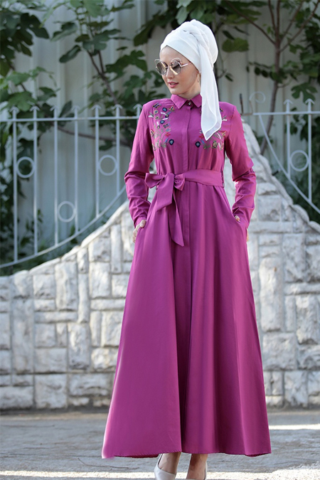 Selma Sarı Design Fuşya Nakış İşlemeli Ebru Elbise