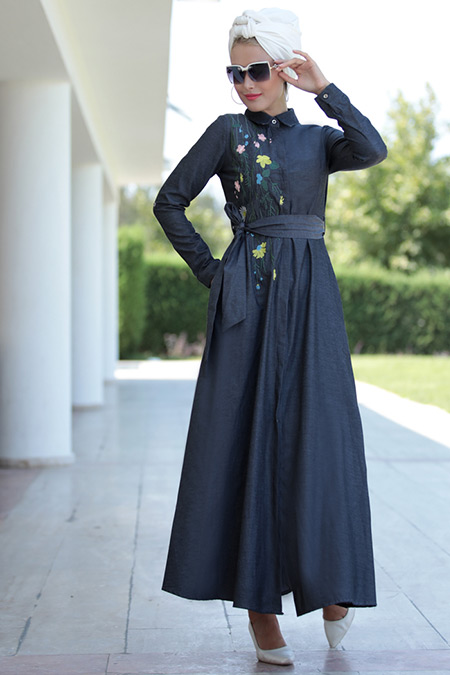 Selma Sarı Design Antrasit Lina Nakışlı Elbise
