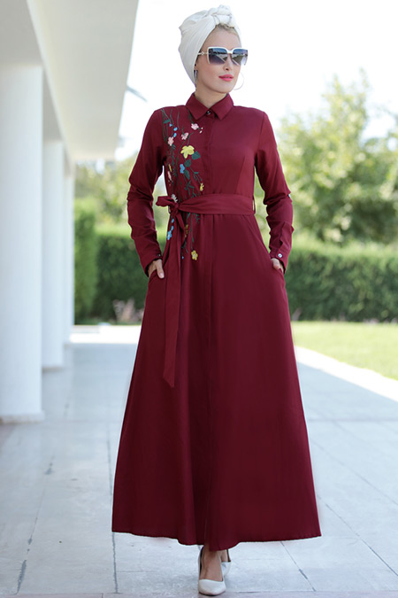 Selma Sarı Design Bordo Lina Nakışlı Elbise