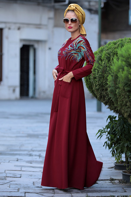 Selma Sarı Design Bordo Amore Elbise
