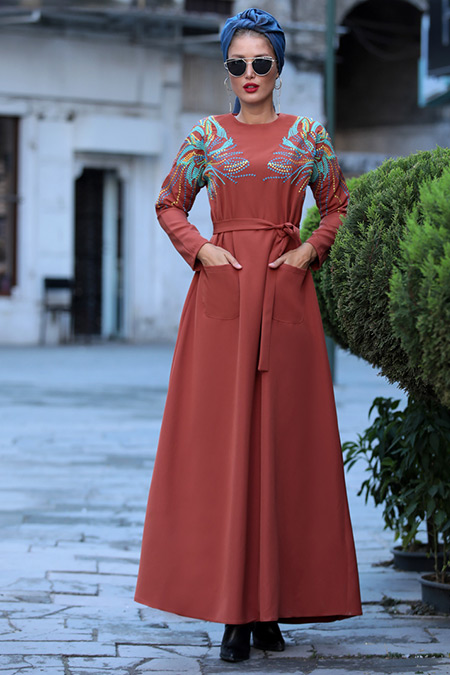 Selma Sarı Design Kiremit Amore Elbise