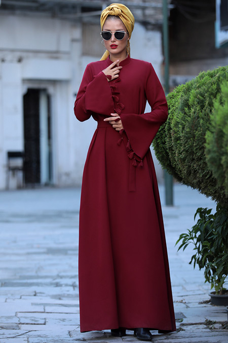 Selma Sarı Design Bordo Elegan Elbise