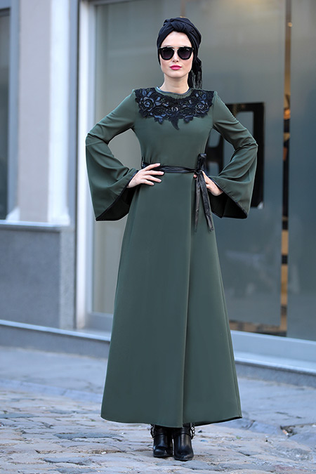 Selma Sarı Design Haki Yaka Detaylı Elbise