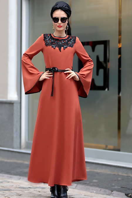 Selma Sarı Design Kiremit Yaka Detaylı Elbise