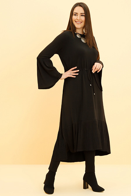 Alia Siyah Plise Detaylı Beli Bağcıklı Tunik Elbise