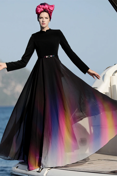 Selma Sarı Design Siyah Gökkuşağı Elbise