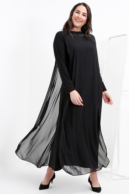 Alia Siyah Şifon Parçalı Abiye Elbise