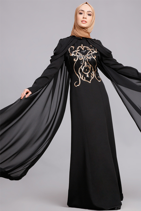 Refka Siyah Payetli Şifon Parçalı Abiye Elbise