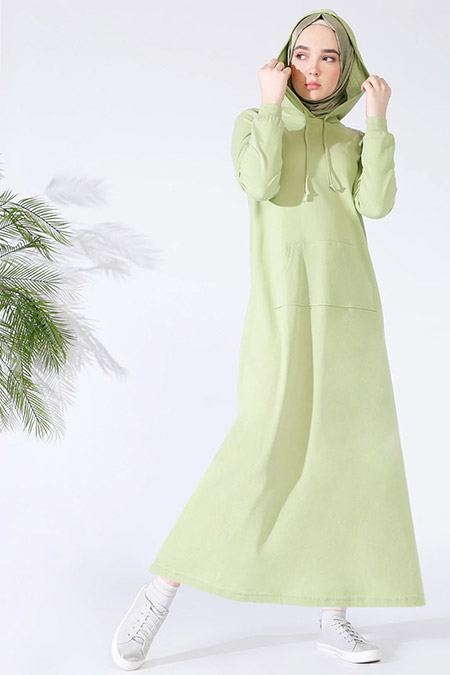 Everyday Basic Fıstık Yeşili Doğal Kumaşlı Kapüşonlu Elbise