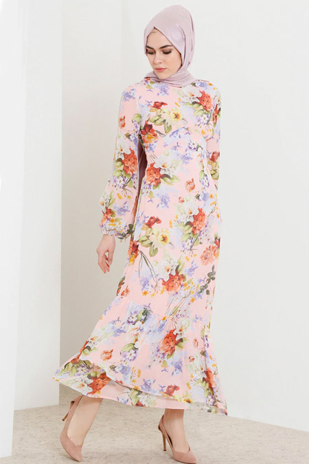 Refka Pudra Çiçek Desenli Elbise