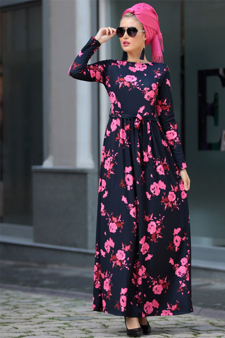 Selma Sarı Design Lacivert Pembe Gonca Elbise