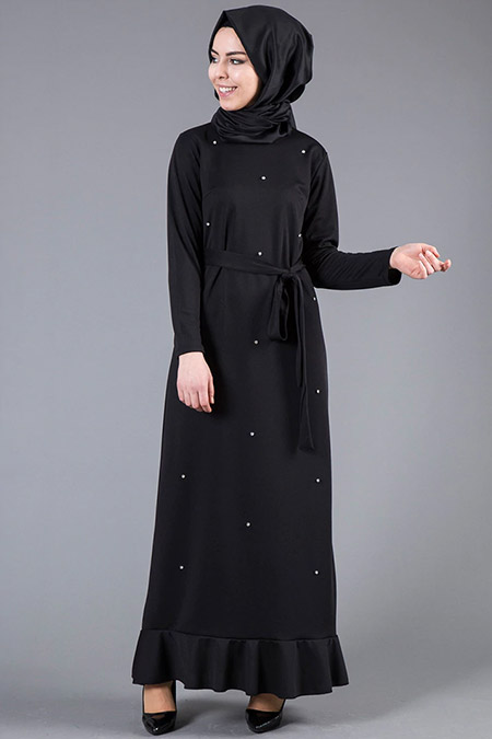 İnşirah Siyah İnci Detaylı Elbise