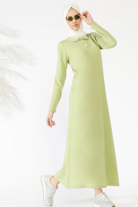 Everyday Basic Fıstık Yeşili Doğal Kumaşlı Düğme Detaylı Elbise