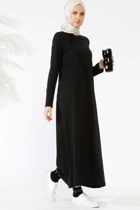 Everyday Basic Siyah Doğal Kumaşlı Düğme Detaylı Elbise