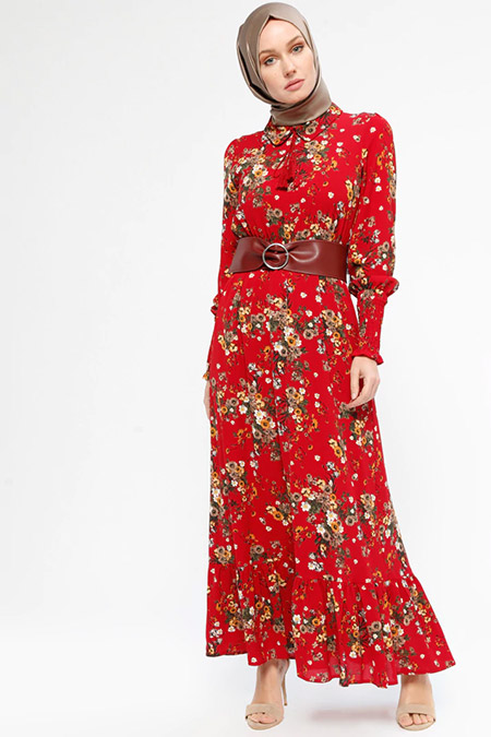 HÜMA SULTAN Kırmızı Çiçek Desenli Beli Lastikli Elbise