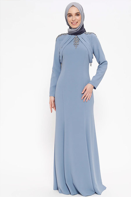 Puane Mavi Taş Detaylı Abiye Elbise