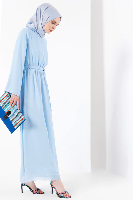 Refka Bebe Mavisi Yakası Taş Detaylı Şifon Elbise