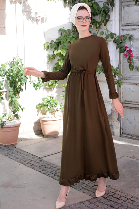Selma Sarı Design Haki Mira Fırfırlı Elbise