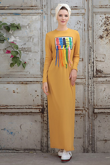 Selma Sarı Design Hardal Büzgülü Elbise
