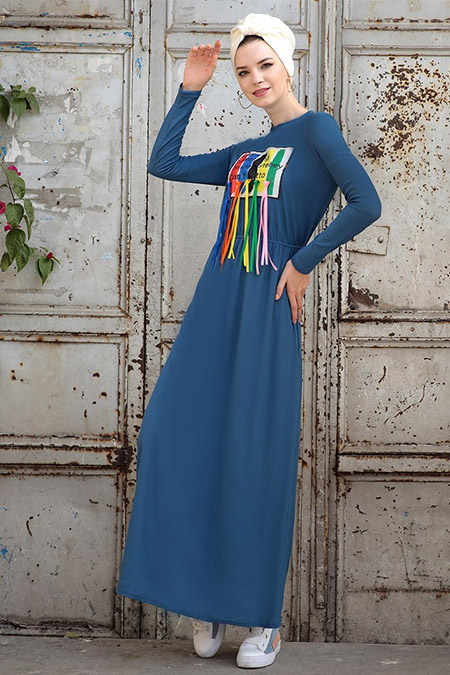 Selma Sarı Design Mavi Büzgülü Elbise
