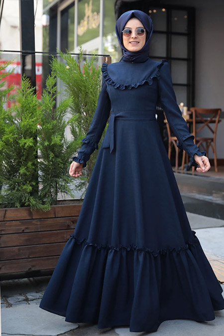 Zehrace Lacivert Emma Fırfırlı Elbise