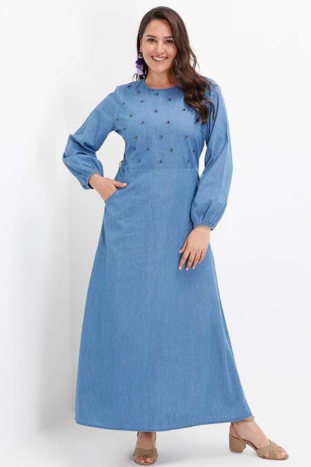 Alia Açık Mavi İncili Cep Detaylı Kot Elbise