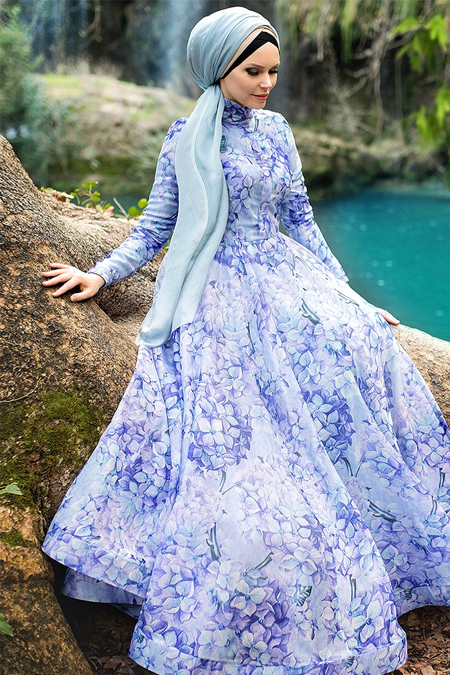 Muslima Wear Mavi Ortensia Abiye Elbise