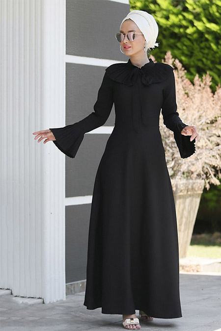 Myzen Siyah Yaka Kol Fırfırlı Elbise