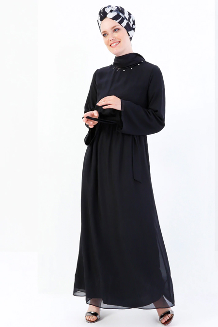 Refka Siyah Yakası Taş Detaylı Şifon Elbise