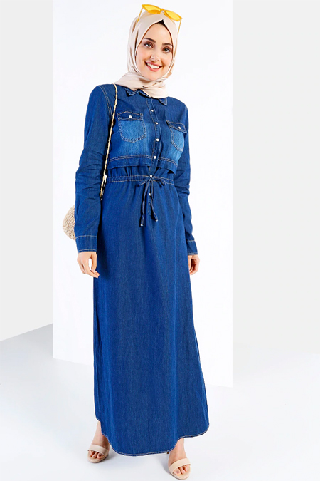 Refka Koyu Mavi Doğal Kumaşlı Kot Elbise