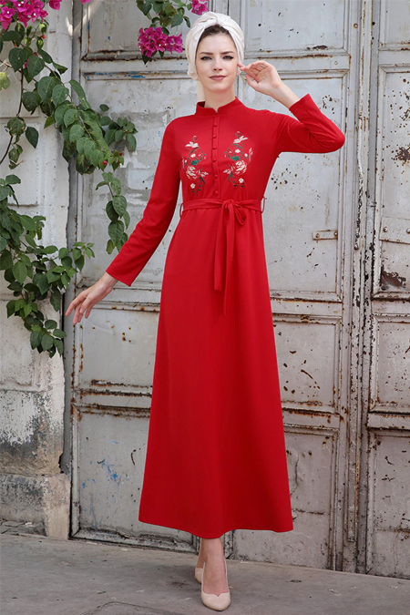 Selma Sarı Design Kırmızı Nakışlı Elbise