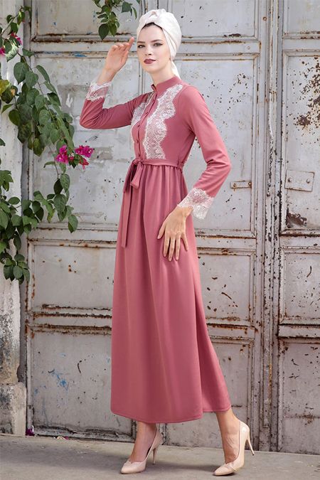 Selma Sarı Design Pudra Rahat Kesim Dantel Detaylı Elbise