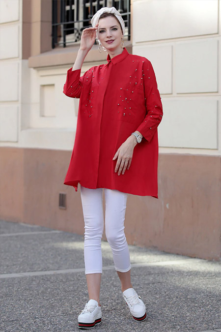 Selma Sarı Design Kırmızı Cotton İnci Tunik
