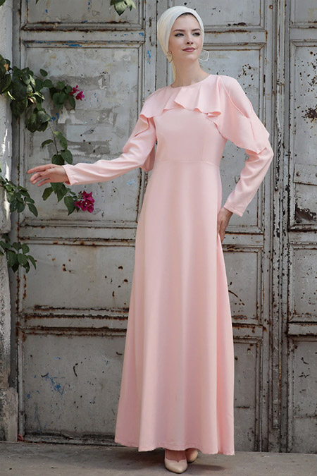 Selma Sarı Design Pudra Omuz Fırfır Detaylı Elbise