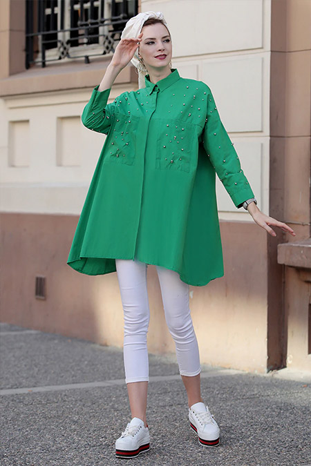 Selma Sarı Design Yeşil Cotton İnci Tunik
