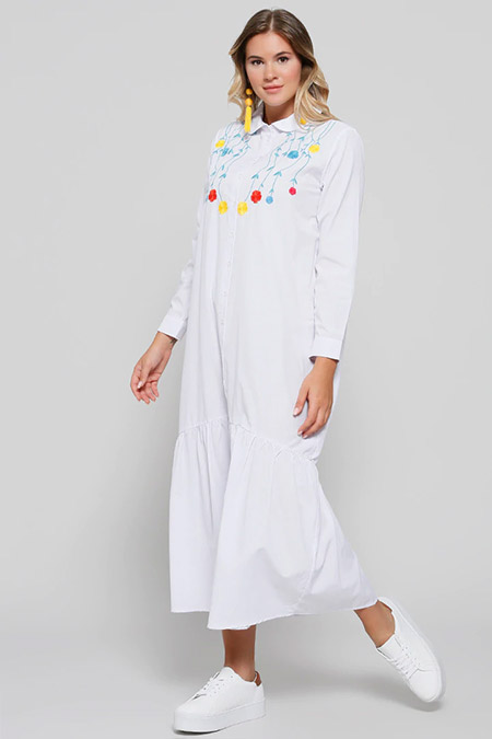 Alia Beyaz Boydan Düğmeli Nakışlı Elbise