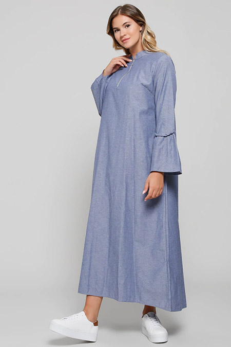 Alia Mavi Doğal Kumaşlı Volan Detaylı Elbise