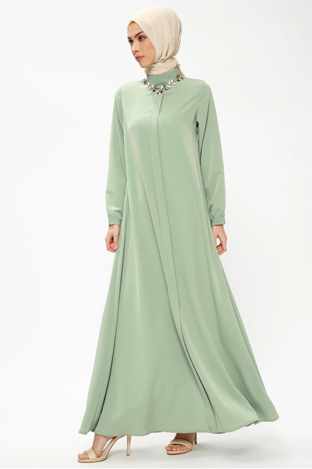 Ginezza Açık Yeşil Yakası Taşlı Elbise