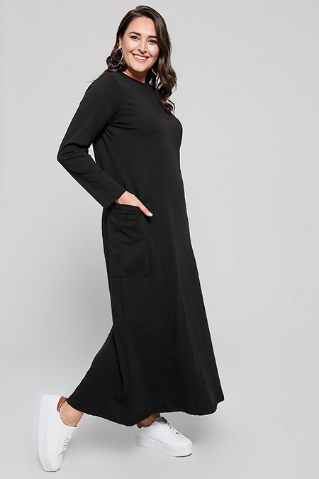 Alia Siyah Doğal Kumaşlı Cep Detaylı Elbise