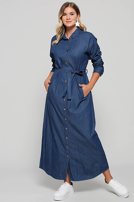 Alia Lacivert Doğal Kumaşlı Boydan Düğmeli Kot Elbise