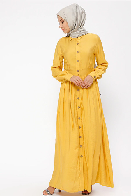 BÜRÜN Sarı Boydan Düğmeli Elbise
