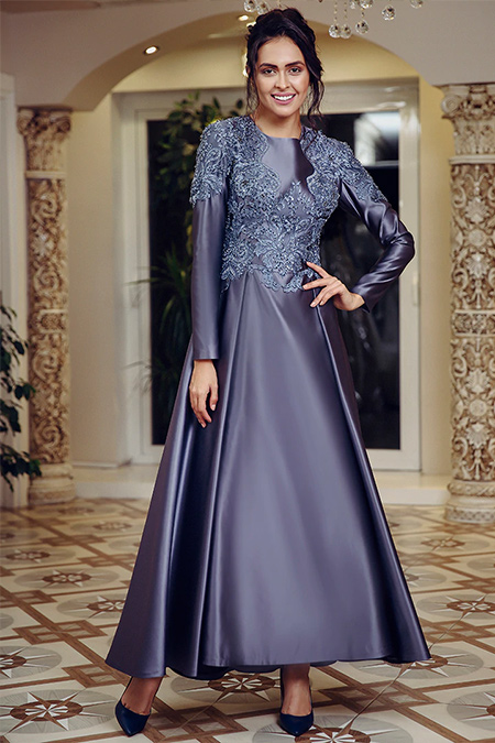 FMK by Tuay Karaca Antrasit İki Pileli Dantel Detaylı Abiye Elbise
