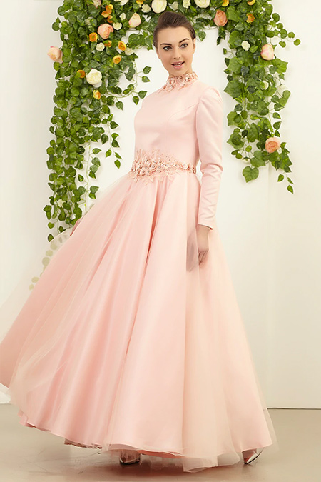 FMK by Tuay Karaca Pembe Çiçek Detaylı Altı Tül Abiye Elbise